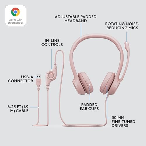 Logitech H390 Wired Headset for PC/Laptop, Stereo Headphones with Noise Cancelling Microphone, USB-A, in-Line Controls for Video Meetings, Music, Gaming and Beyond - Rose (Renewed) - Image 6